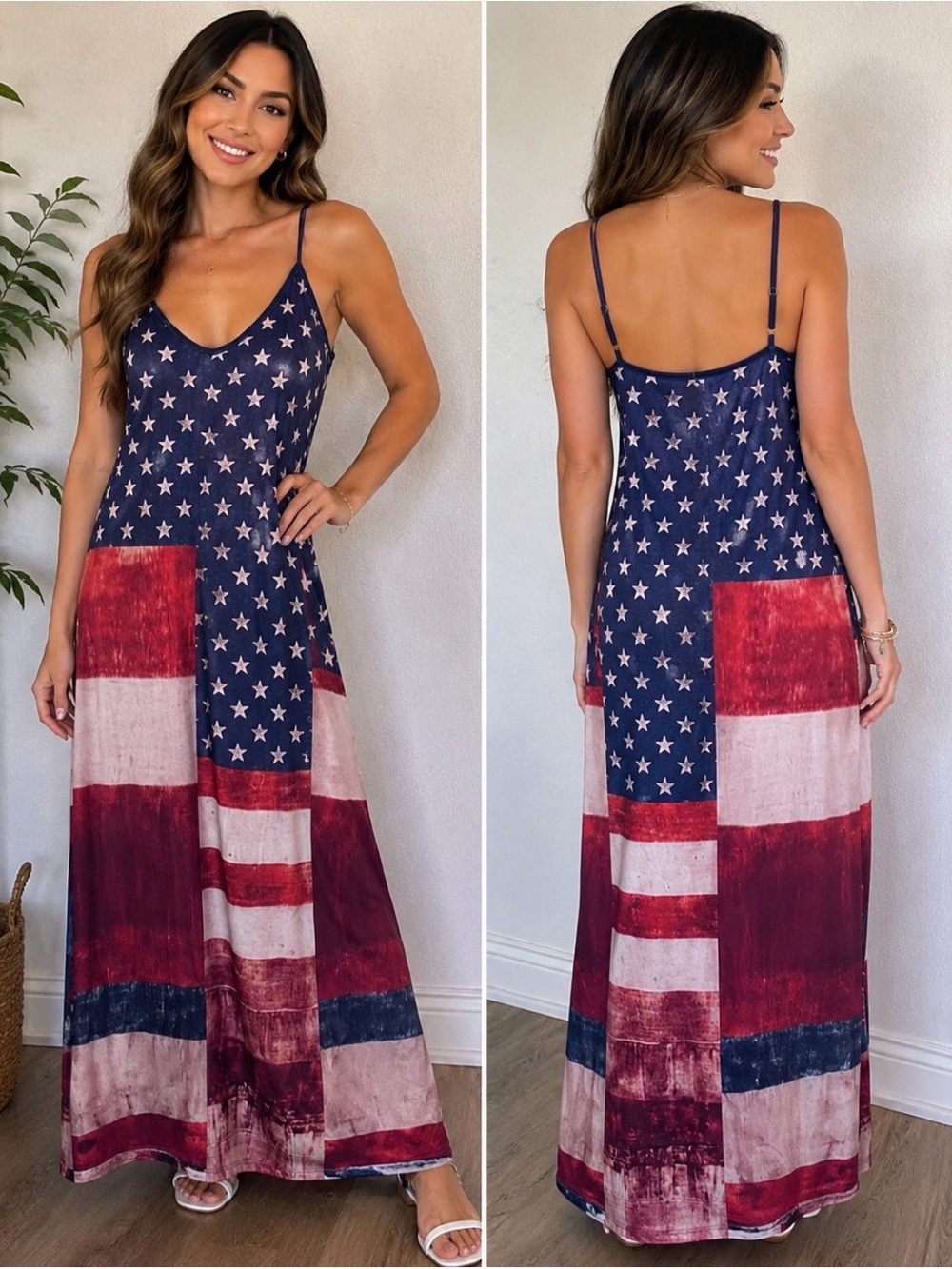American Flag Maxi Slip Dress - Navy & Red Stars